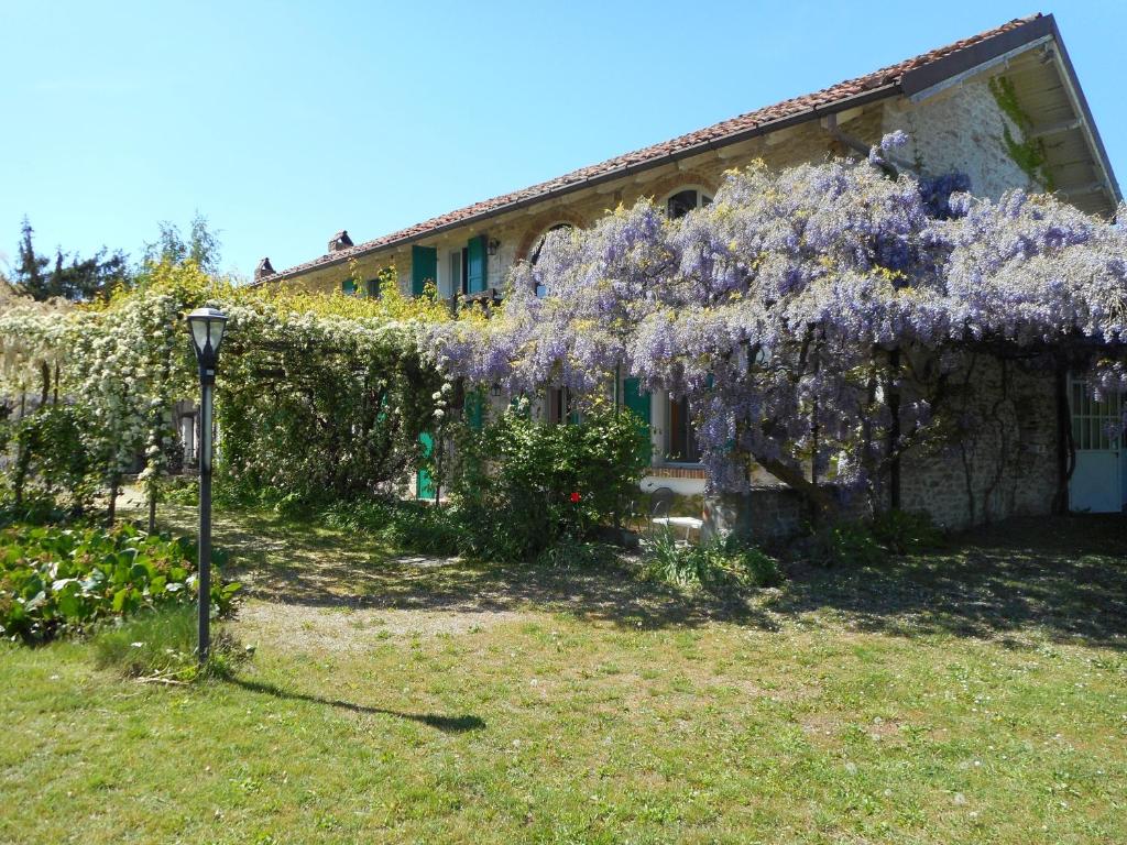 Cossano Belbo的住宿－Agriturismo Cascina Serra，前面有紫藤树的房子