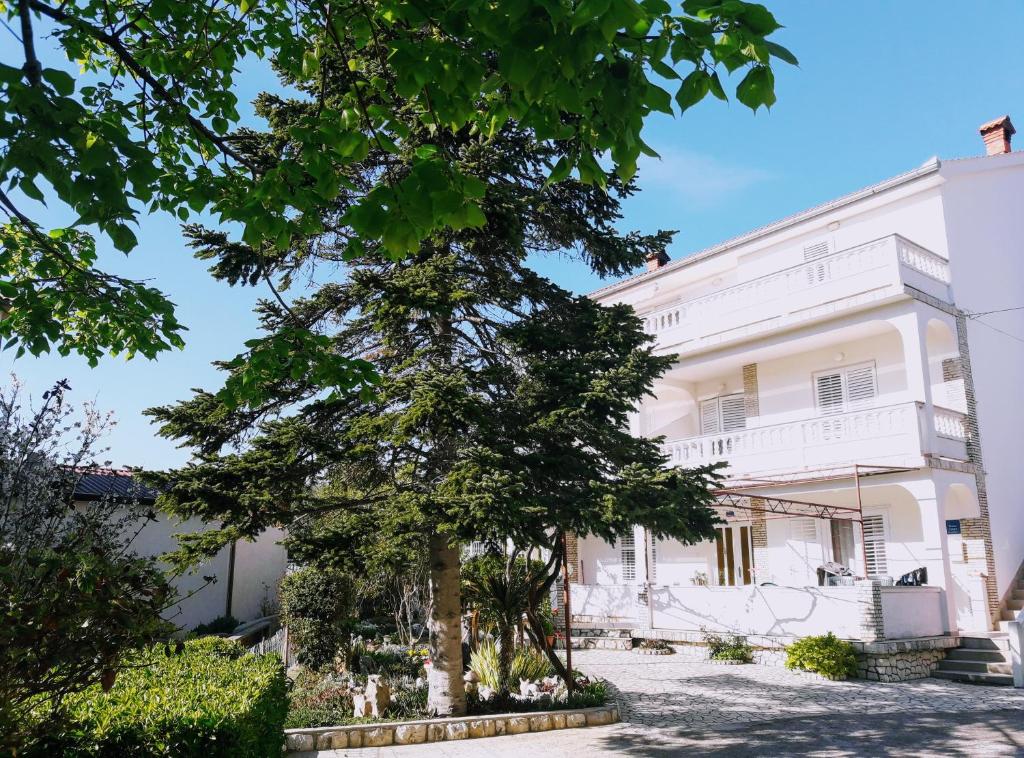 a white building with a tree in front of it at Pahljina Apartments in Rab