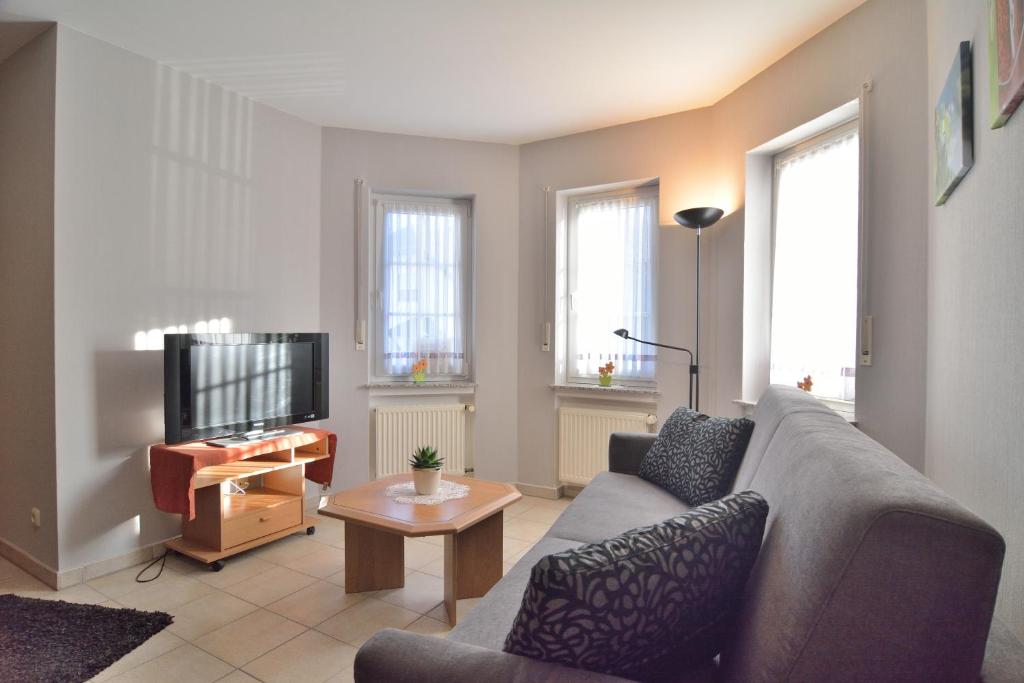 a living room with a couch and a tv at Ferienwohnung Weingarten in Klotten