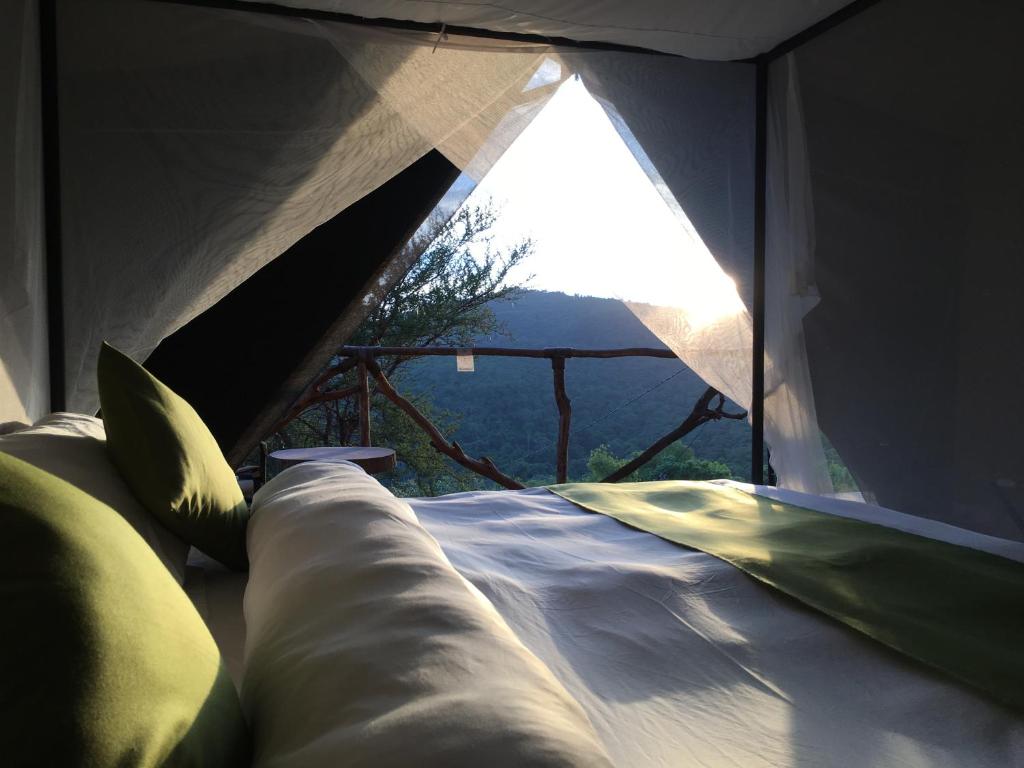 a bed in a tent with a large window at Pembeni Rhotia in Karatu