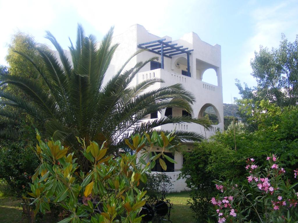 a building with a palm tree in front of it at Kalamitsi Studios in Kalamitsi