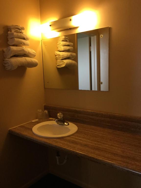 uma casa de banho com lavatório, espelho e toalhas em Deluxe Inn em Hebron