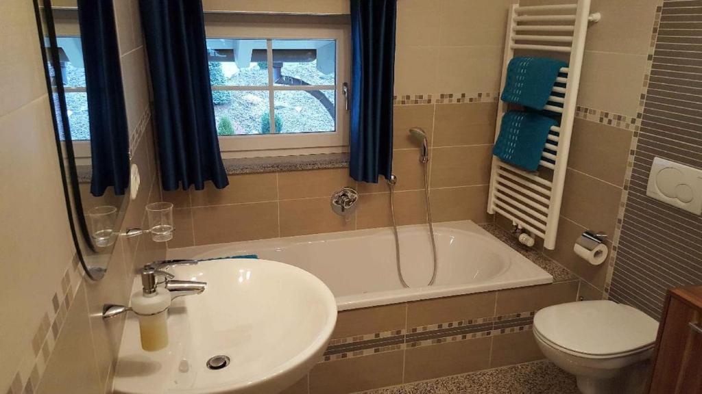 瓦爾德基興的住宿－Ferienwohnung Rosl，带浴缸、盥洗盆和卫生间的浴室