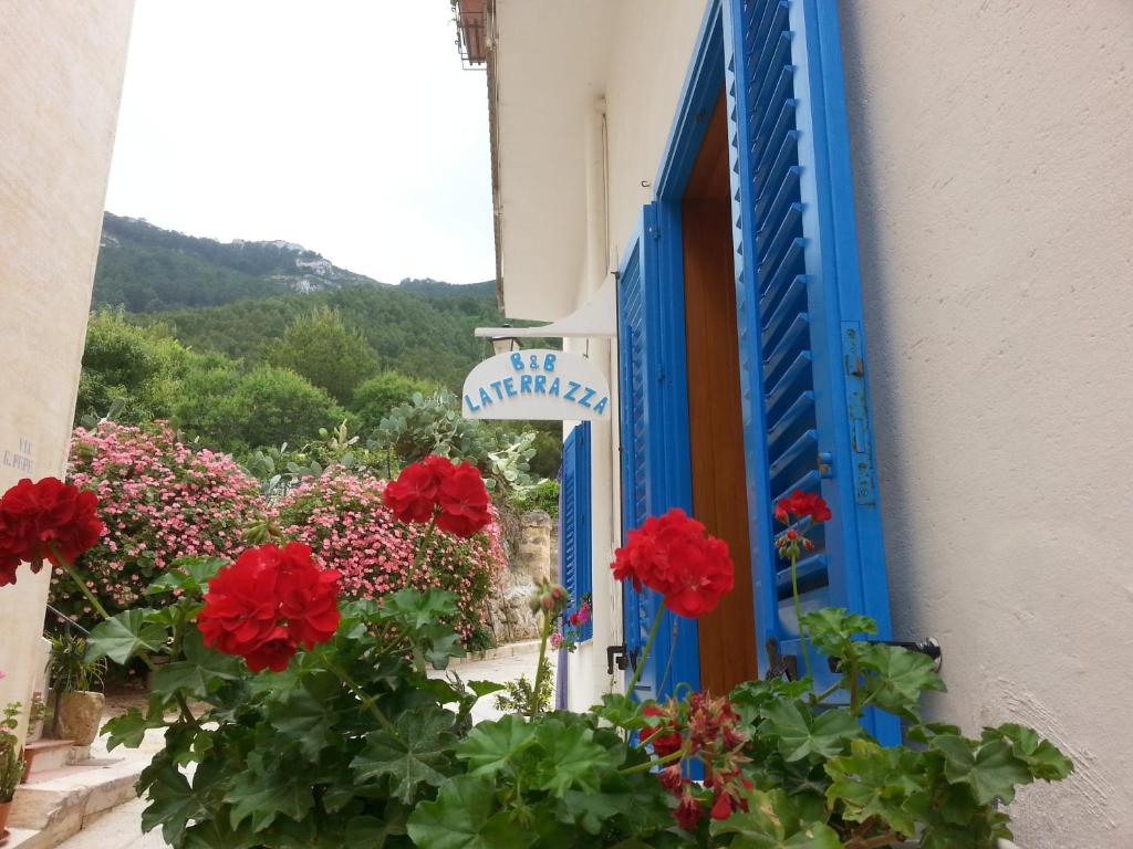 niebieskie drzwi i czerwone kwiaty na budynku w obiekcie B&B LA TERRAZZA w mieście Marettimo