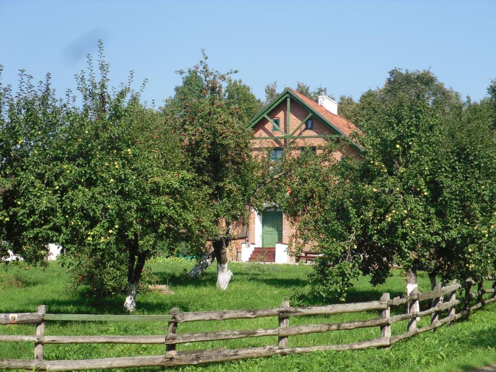 a house behind a fence with apple trees in front at Gajówka in Węgorzewo