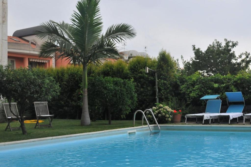 a swimming pool with a palm tree next to a house at Villa Tranquilla in Riposto