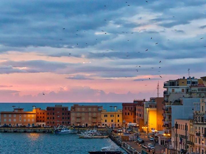 een stad met gebouwen en vogels die over het water vliegen bij Casa Garibaldi in Anzio