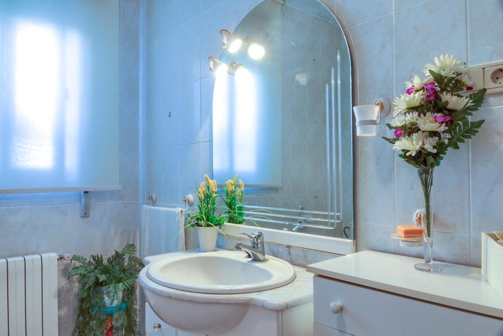 BenamaurelにあるCueva El Murallon Benamaurelのバスルーム(洗面台、トイレ、鏡付)