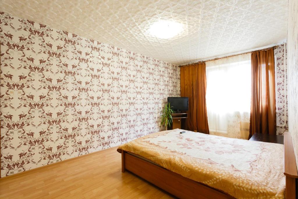 um quarto com uma cama, uma janela e uma televisão em Standard Brusnika Apartment on Maklaya 22 em Moscovo