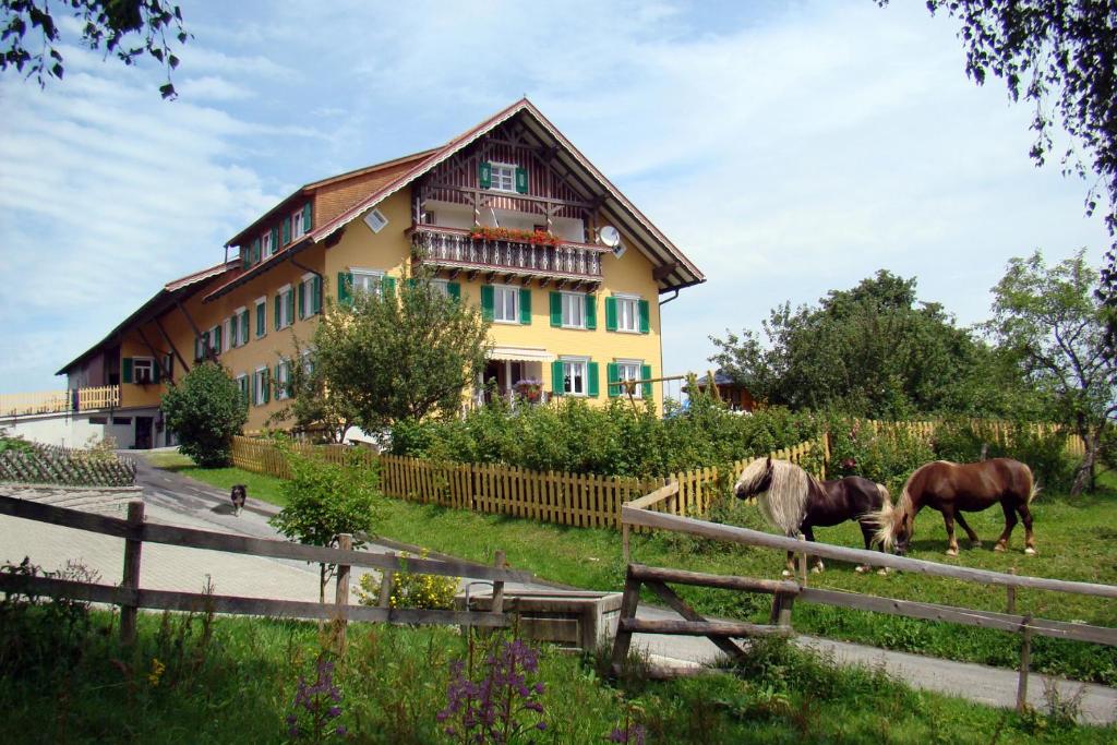 dos caballos parados frente a una casa en Bio-Bauernhof Heidegger, en Möggers