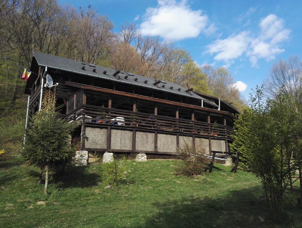a large wooden building on a hill with trees at Cabana La noi in Râşnov