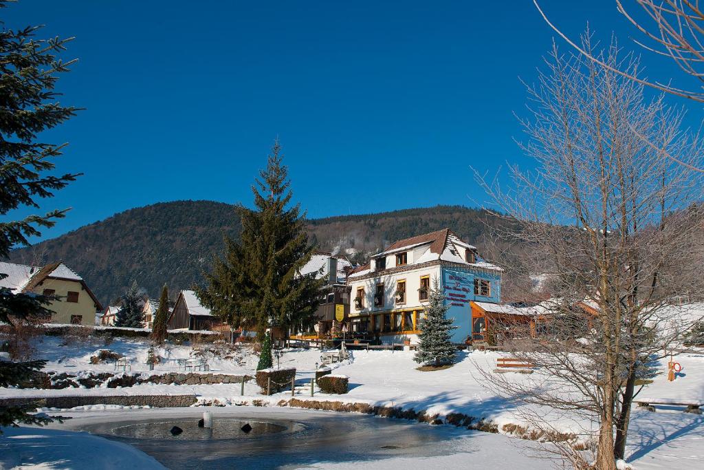 une ville dans la neige avec un bâtiment et une rivière dans l'établissement Hotel aux Deux Clefs, à Metzeral