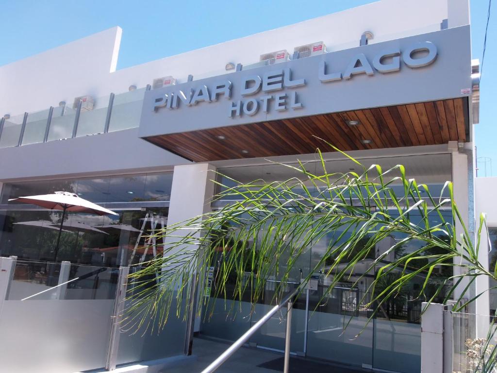 ein Hotel mit einer Palme davor in der Unterkunft Hotel Pinar del Lago in Villa Carlos Paz