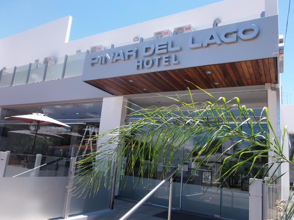 a hotel with a palm tree in front of it at Hotel Pinar del Lago in Villa Carlos Paz