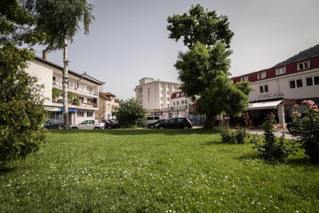 a green park with trees and buildings in the background at Hotel Zelengora in Foča