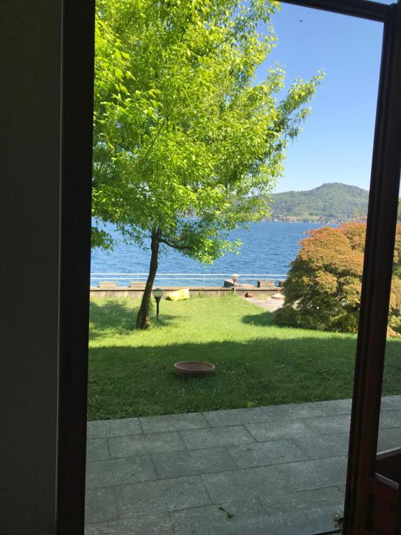 una puerta con vistas a un árbol y al agua en Villa Carla en Meina