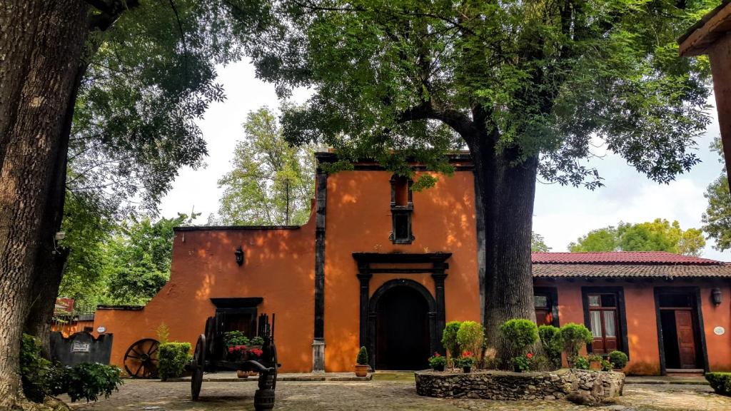 an orange building with a tree in front of it at El Marques Hacienda in Guanajuato