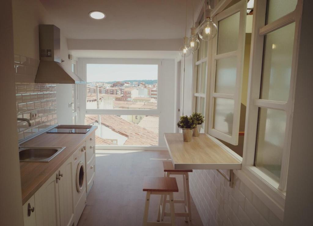 レオンにあるRF Home Plaza Mayorのキッチン(カウンター付)、景色を望む窓が備わります。