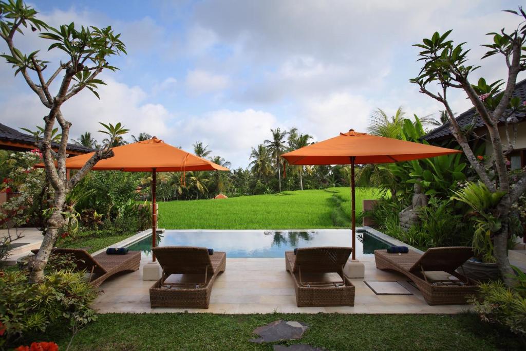 a backyard with a pool with chairs and umbrellas at Satori Villas Bali in Ubud