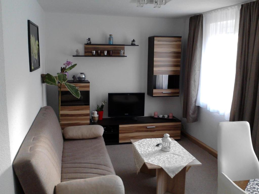sala de estar con sofá y TV en Ferienwohnung Mey, en Rathmannsdorf