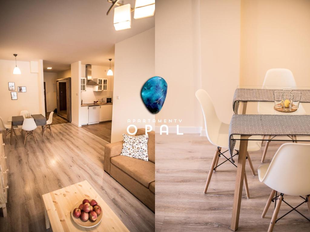 jadalnia i salon ze stołem i krzesłami w obiekcie Apartamenty Opal w mieście Krynica Zdrój