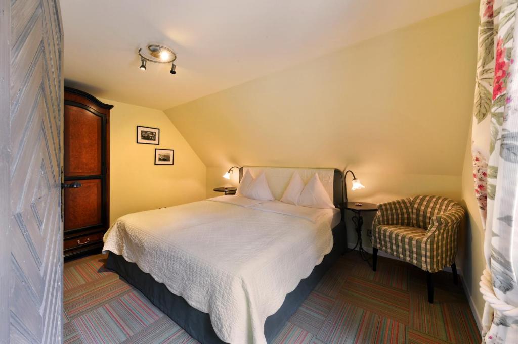 a hotel room with a bed and a chair at Romantik Hotel Schwan in Horgen