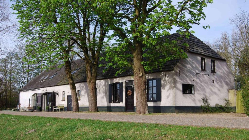 a white building with trees in front of it at Bed & Breakfast Langlaar in Nuenen