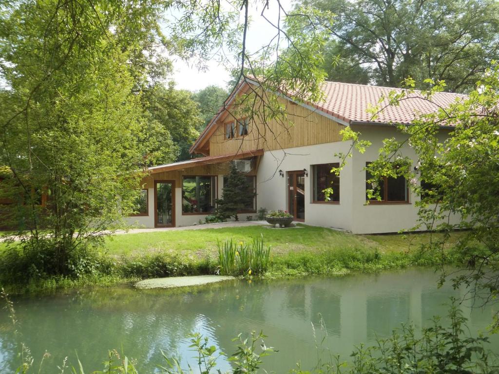 uma casa com um lago em frente em LOGIS Hôtel Le Chantoiseau em Chaumont-sur-Aire