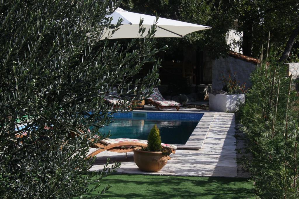 einen Pool mit Sonnenschirm im Hof in der Unterkunft Holiday Home Zavala in Klek