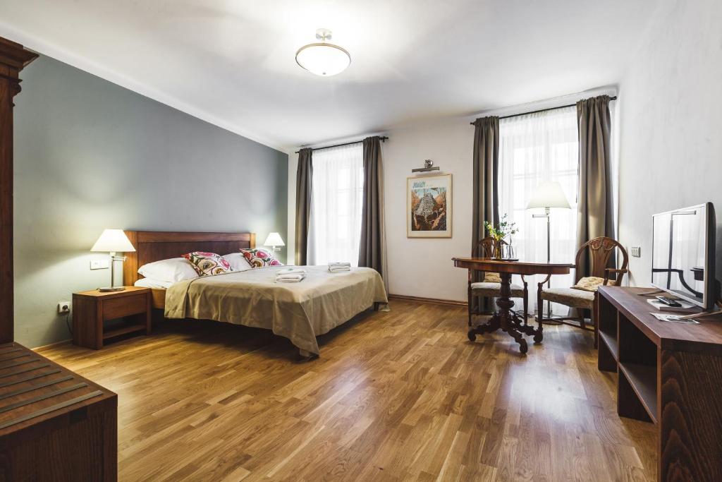 塔博爾的住宿－索爾旅館，一间卧室配有一张床、一张桌子和一台电视