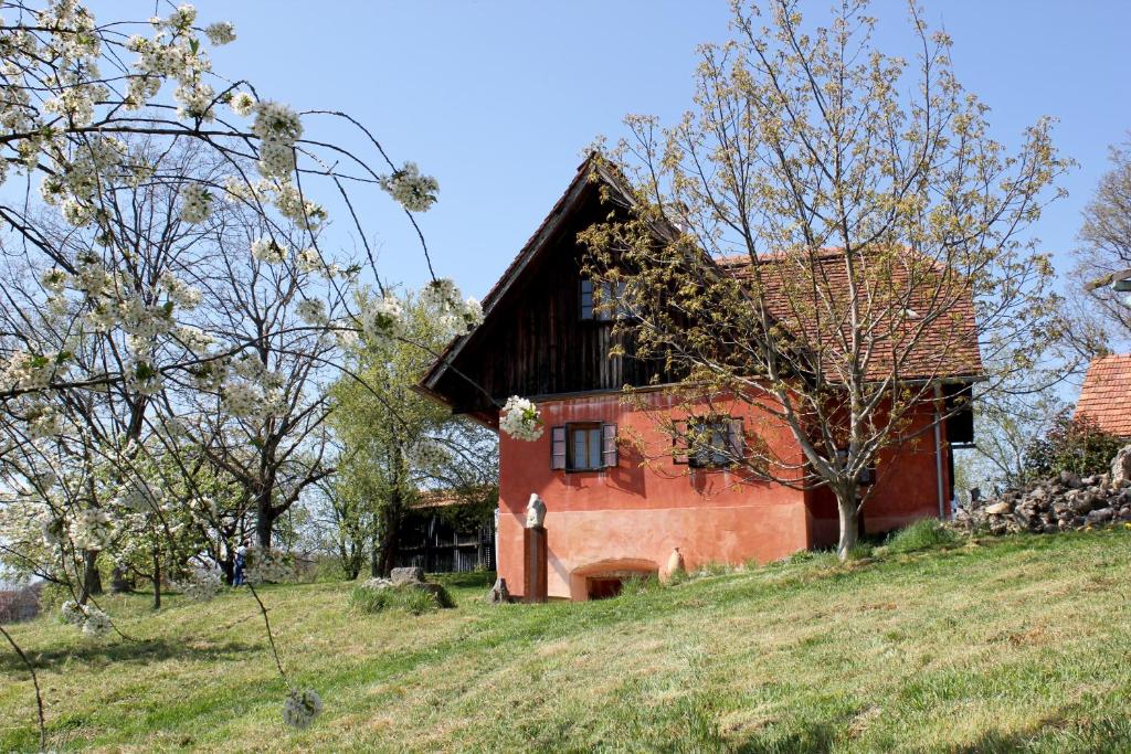 ein rotes Haus auf einem Hügel in der Unterkunft Ferienwohnungen Sonnenberg in Ratsch an der Weinstraße