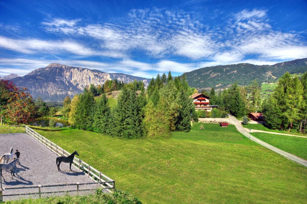 dois cavalos a correr num campo com montanhas ao fundo em Ferienwohnungen Ötztal em Sautens