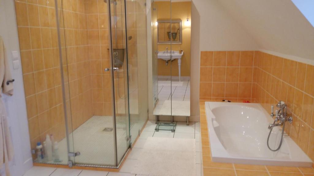 W łazience znajduje się prysznic i wanna. w obiekcie Valley View B&B w mieście Brengues
