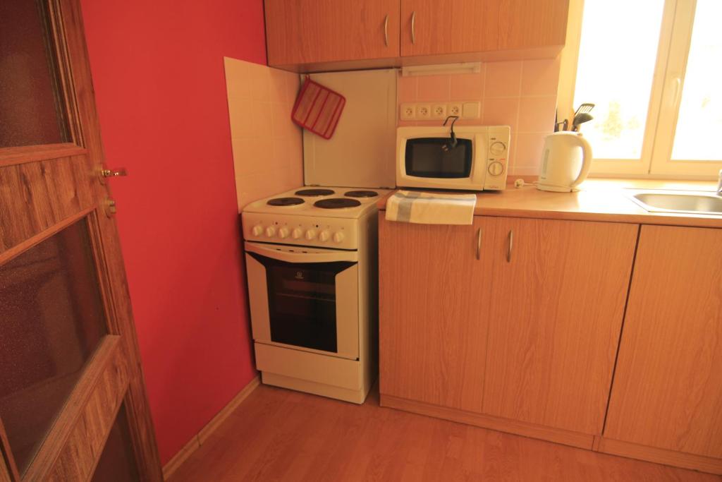 a kitchen with a white stove and a microwave at Stara Mlekarna in Kytlice