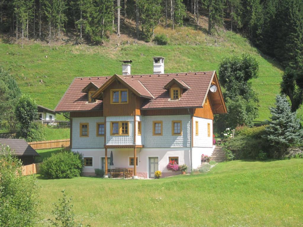 una casa grande con techo marrón en una colina en Ferienwohnung Althoelbling, en Patergassen