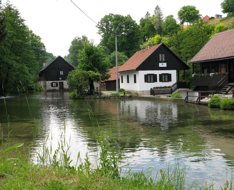 a river in front of houses and buildings at Holiday House Rastoke Pod Lipom in Slunj