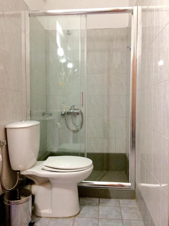 a bathroom with a toilet and a shower at Platanos Rooms in Anopoli Sfakion