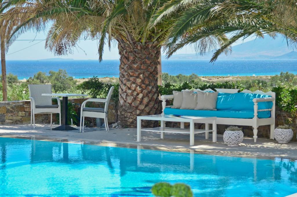 a pool with a blue couch and chairs next to a palm tree at Dilino Hotel Studios in Agios Prokopios