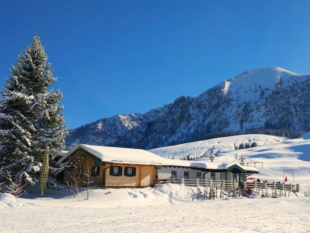 eine Blockhütte im Schnee mit einem Weihnachtsbaum in der Unterkunft Postalm Lodge in Seidegg