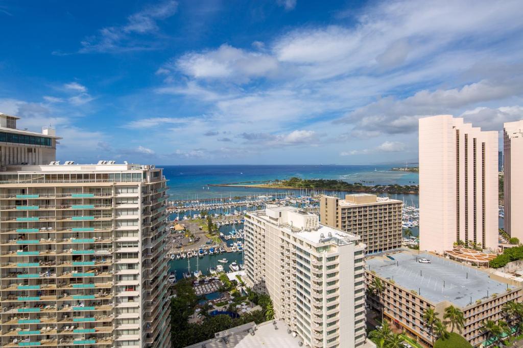 an aerial view of a city with tall buildings at Signature Suites 11 in Honolulu