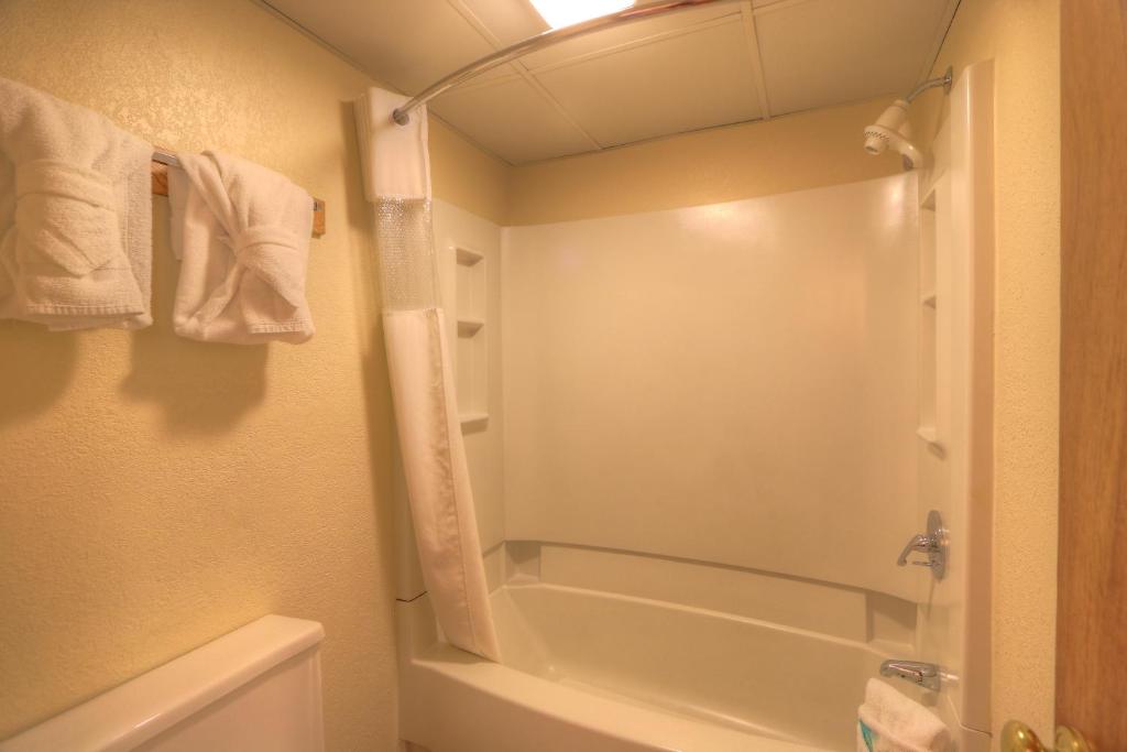 a bathroom with a shower and a tub at Days Inn By Wyndham Pigeon Forge South in Pigeon Forge