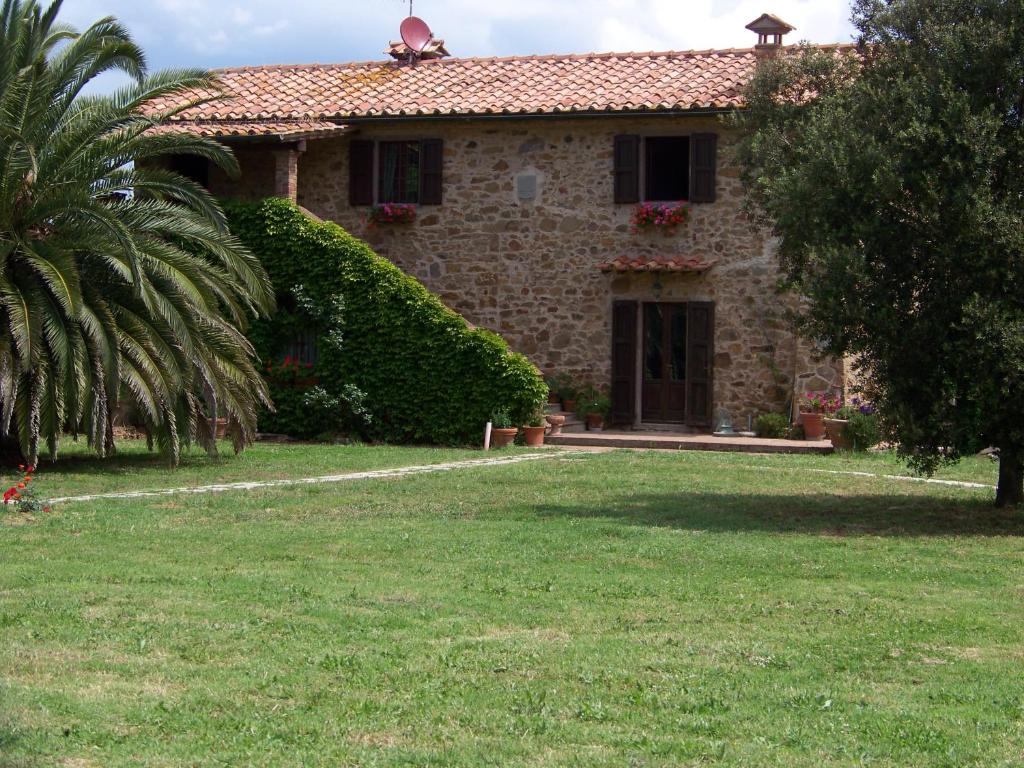 スカルリーノにあるPodere il Carpianoの庭のヤシの木がある石造りの家