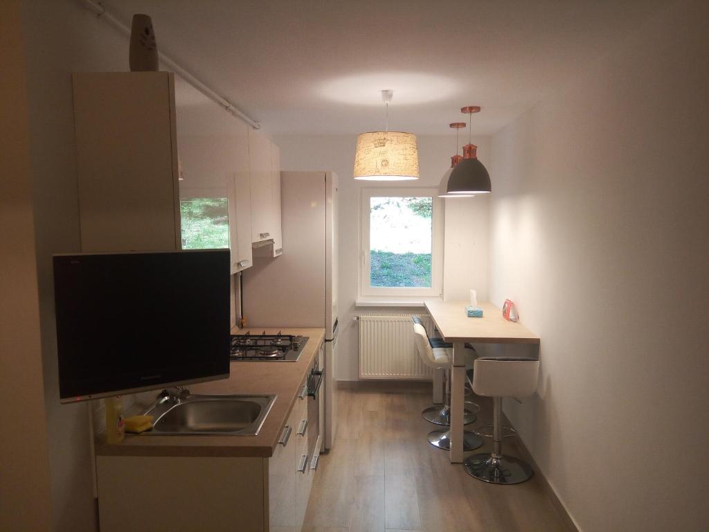 a kitchen with a sink and a desk with a computer monitor at Lexy's Apartment in Braşov