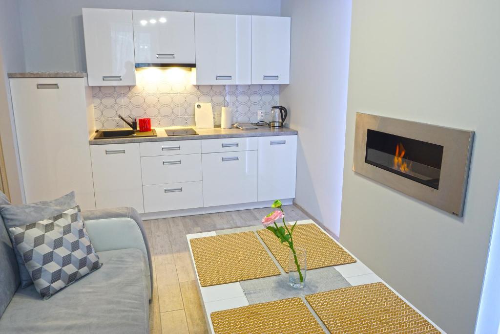 a kitchen with a couch and a table with a fireplace at Apartament Kłos in Wisła