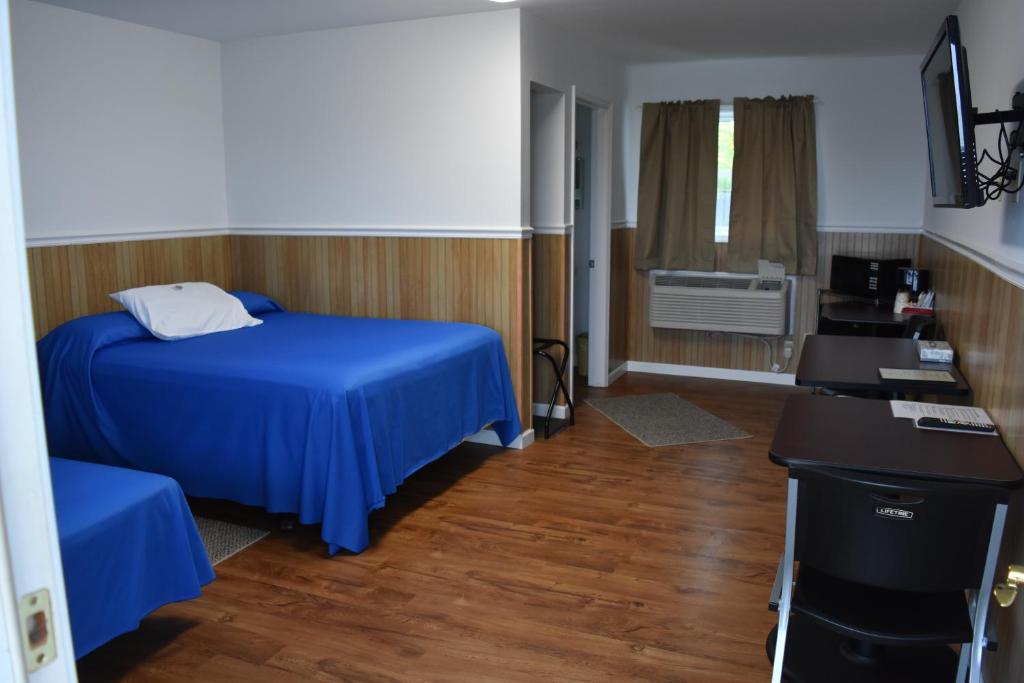 um quarto com uma cama azul e uma secretária em Gorgeous View Motel em Watkins Glen