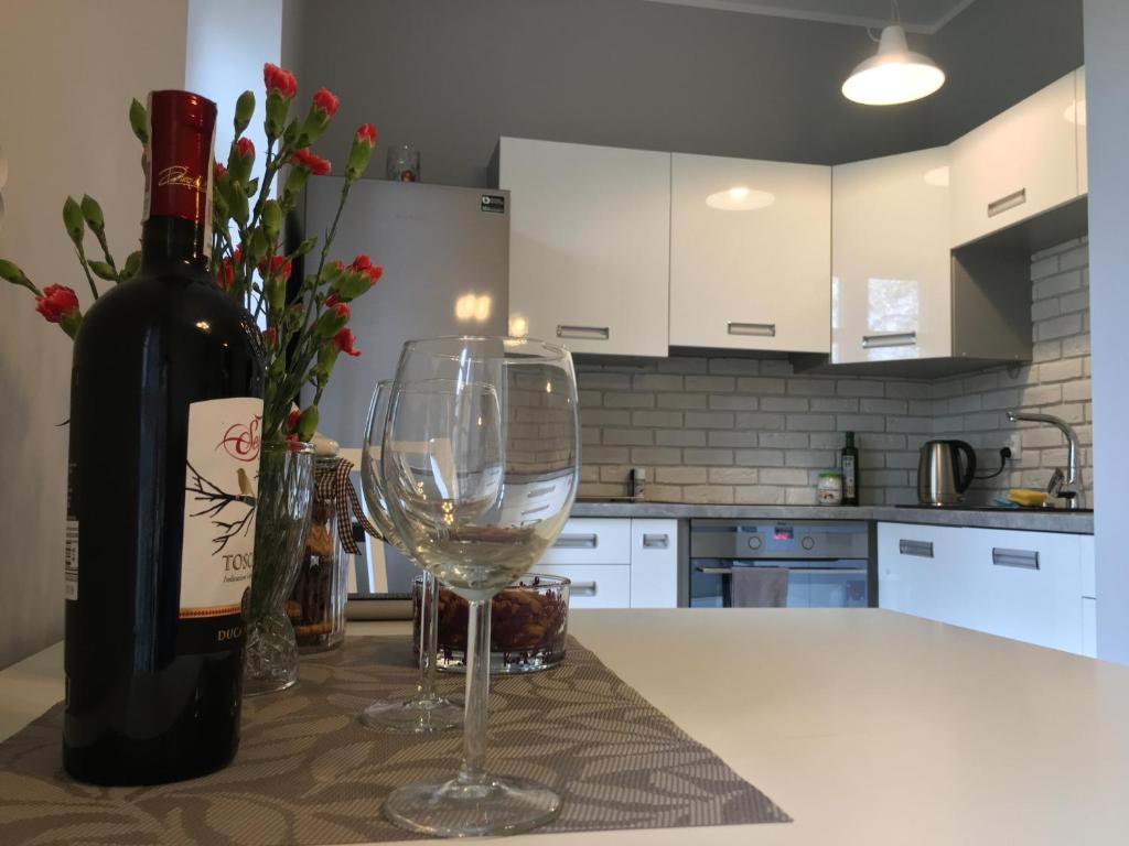 a bottle of wine and a wine glass on a kitchen counter at Rafael Swinoujscie in Świnoujście