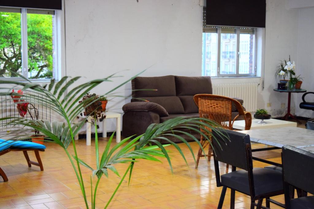 sala de estar con sofá, mesa y planta en Albergue Mirás, en Sigüeiro