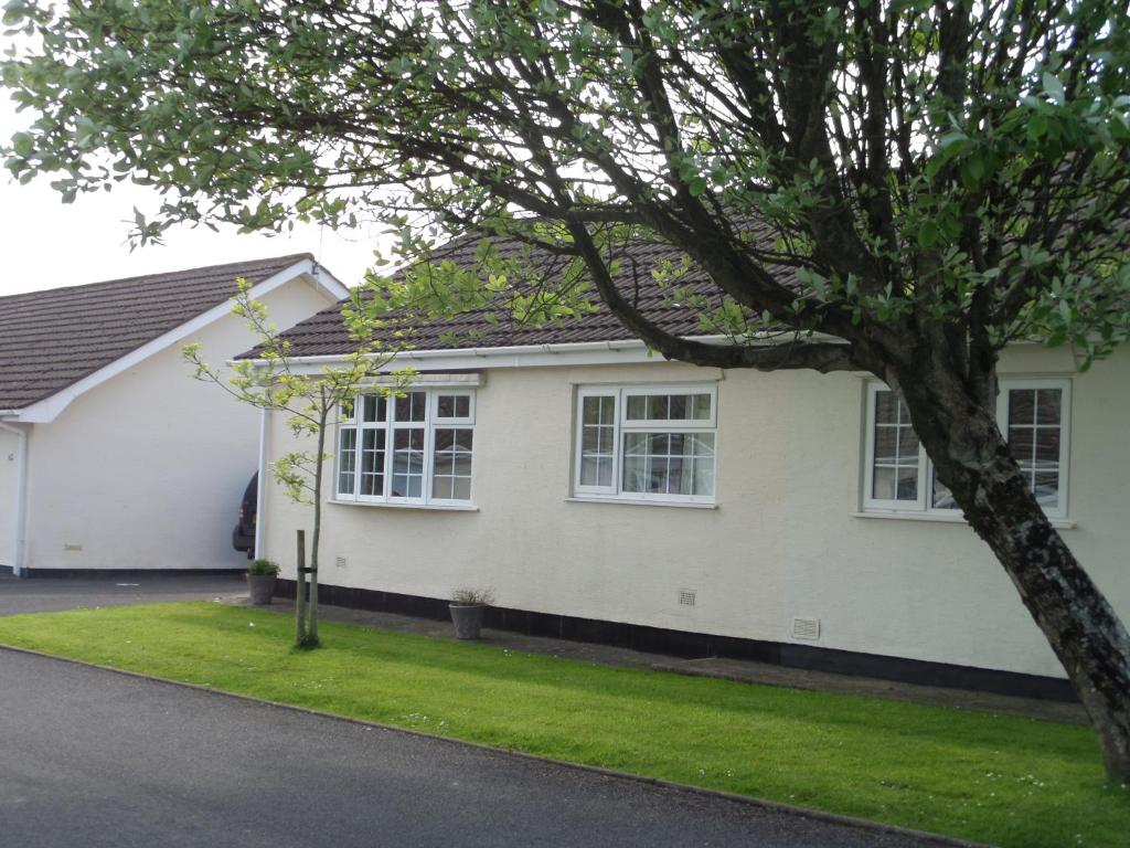 a white house with a tree in front of it at 35 Gower Holiday Village in Reynoldston