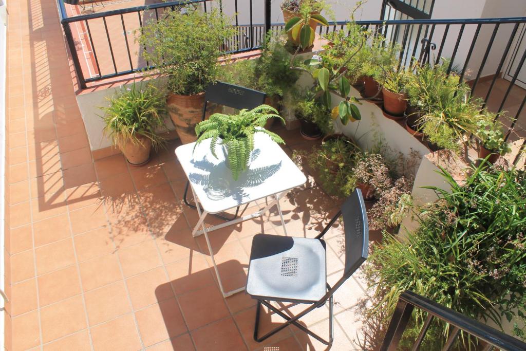 a patio with a table and chairs and potted plants at La Posada de Mijas in Mijas