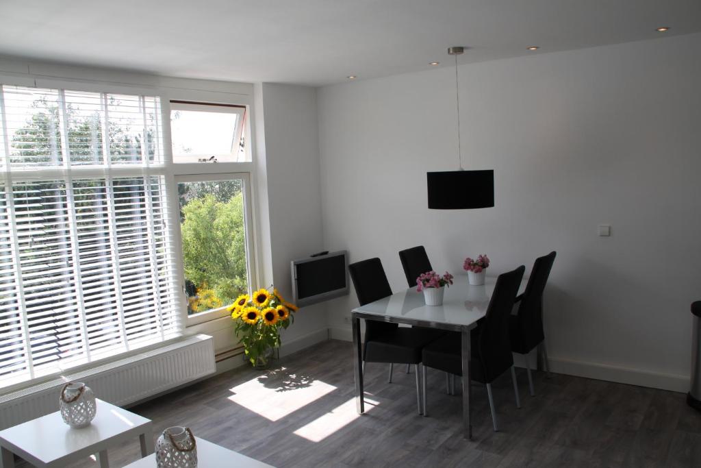 una sala da pranzo con tavolo, sedie e una finestra di Appartement De Zeester a Zandvoort